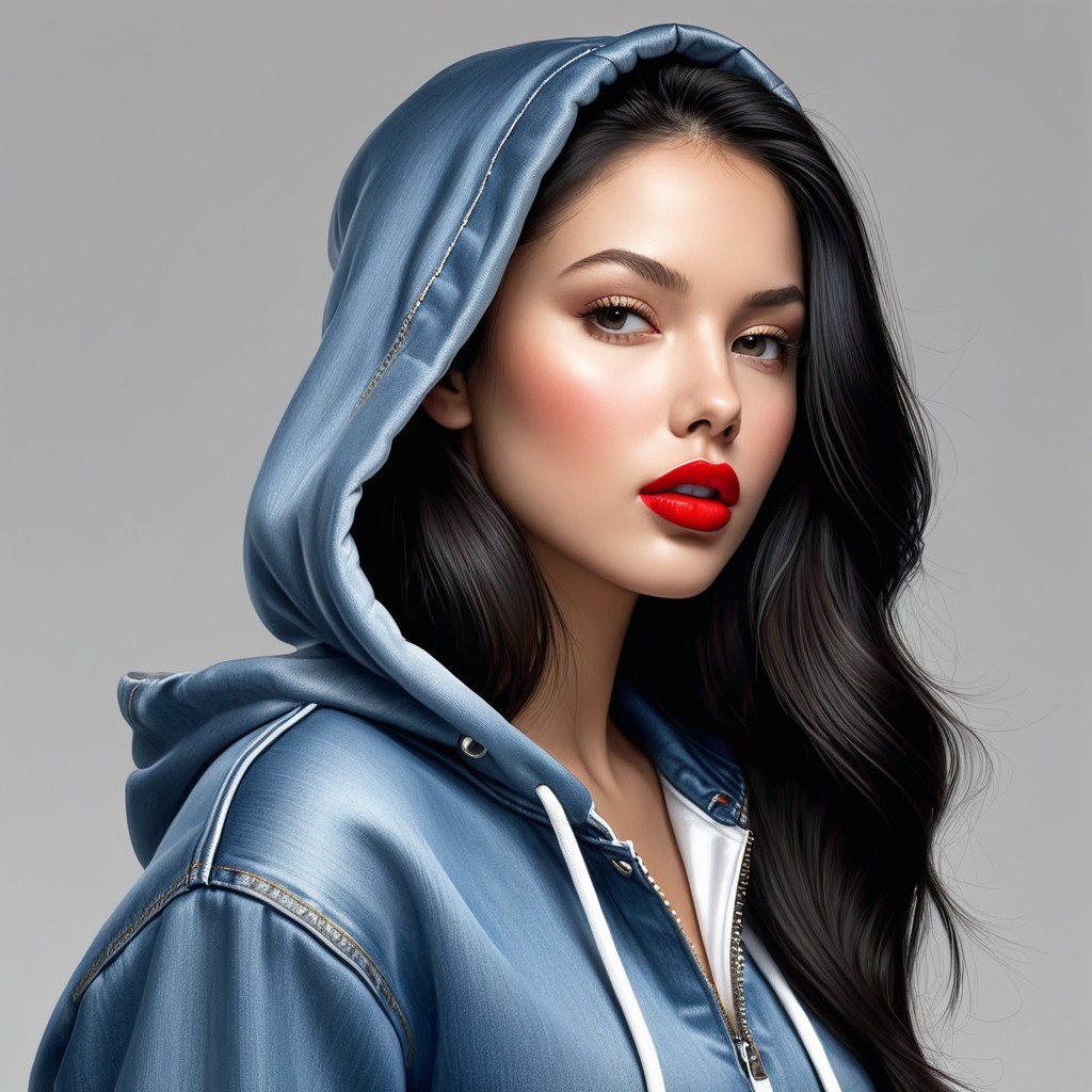 Young woman in blue hoodie with black hair and red lips