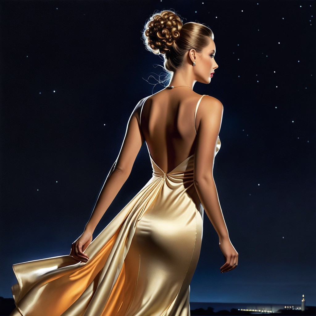 Elegant Woman in Shimmering Gold Gown Under Stars