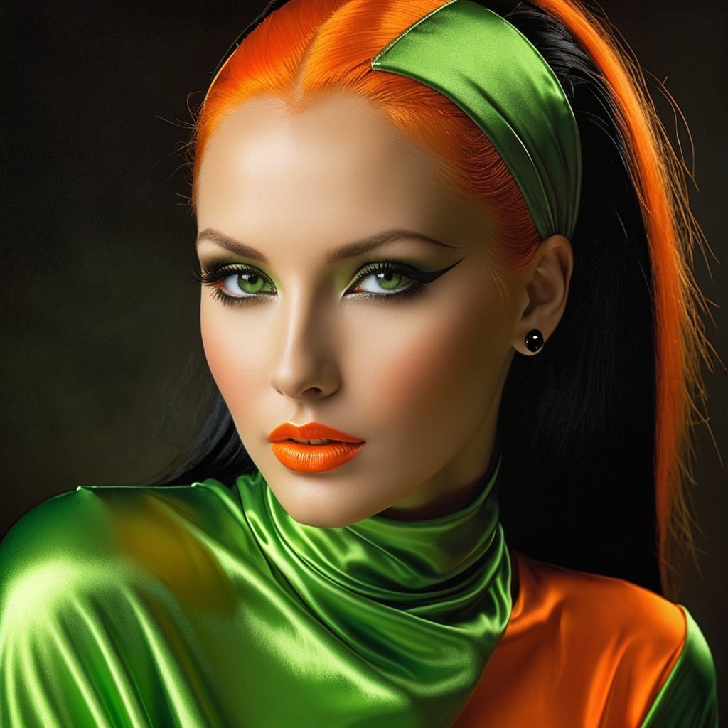 Striking Model in Glossy Green and Orange Outfit