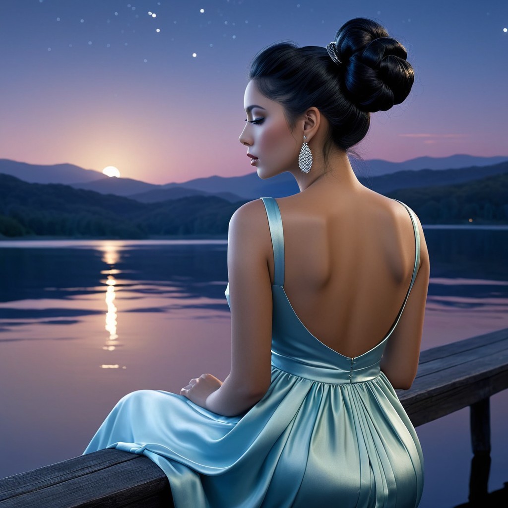 Woman in Blue Dress by Tranquil Lake at Twilight