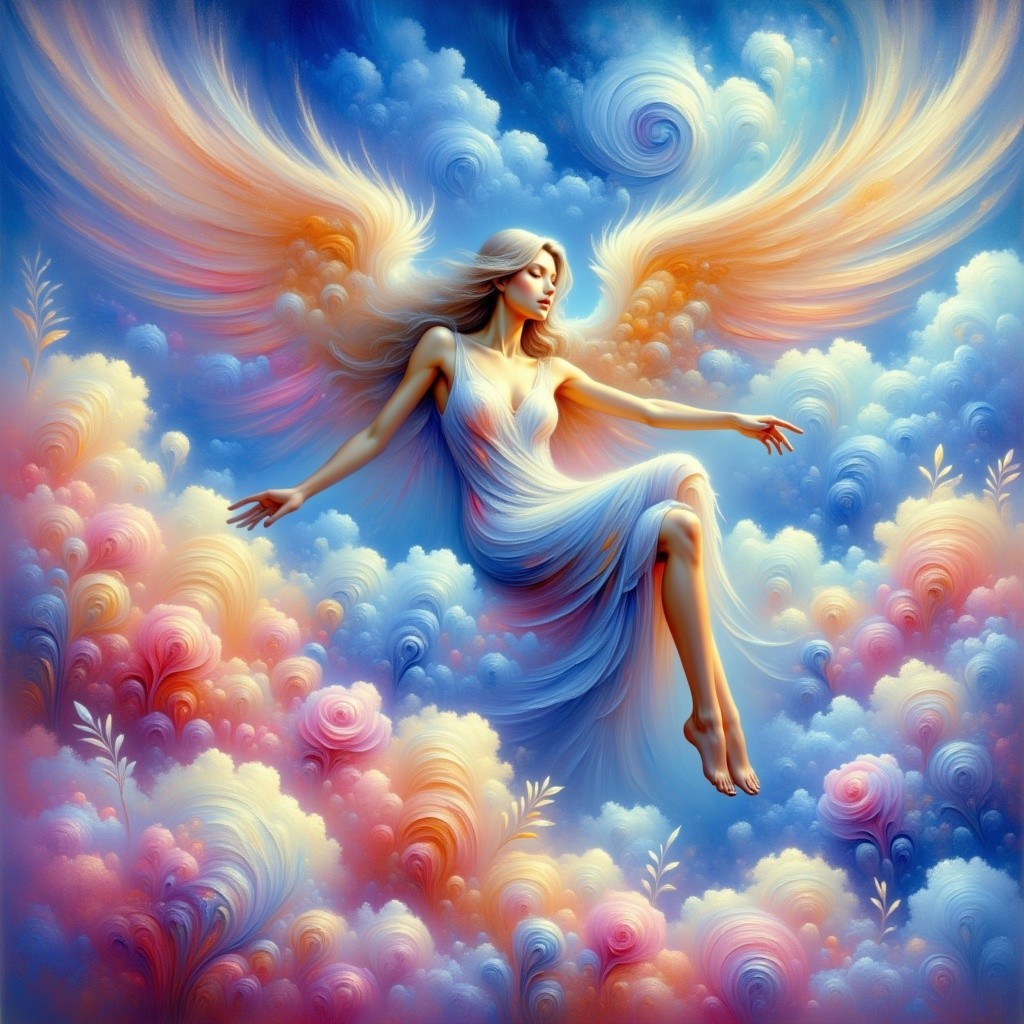 Angel with Iridescent Wings in Pastel Sky Setting