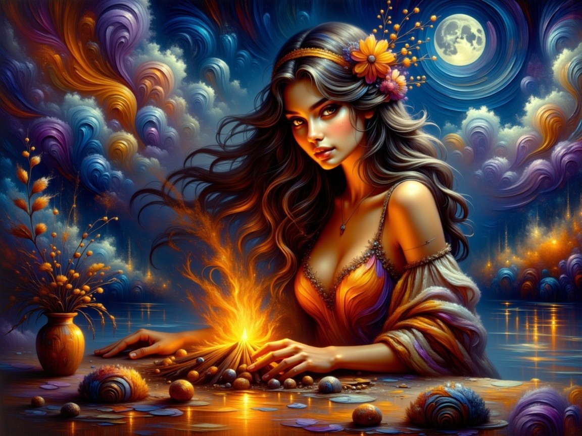 Mystical scene with a woman by a glowing fire
