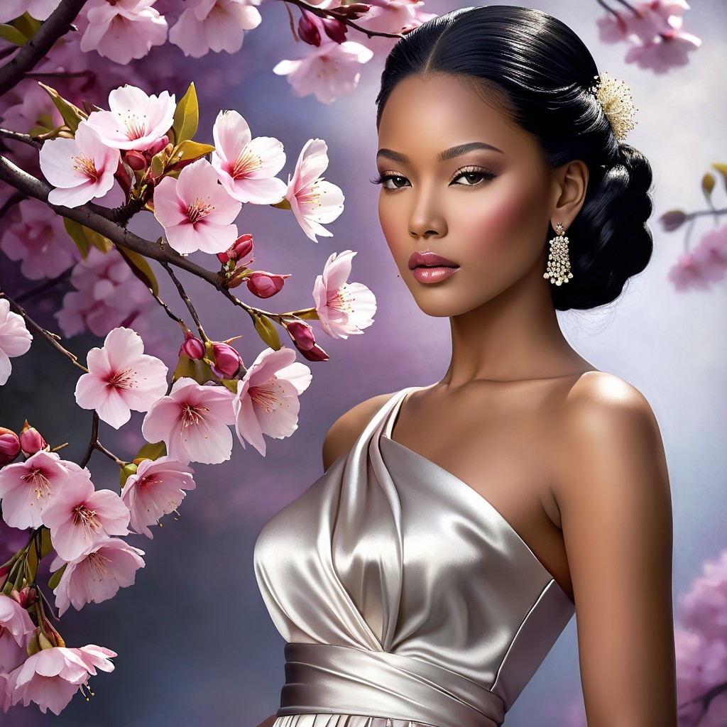 Elegant Woman Among Cherry Blossoms in Pastel Setting