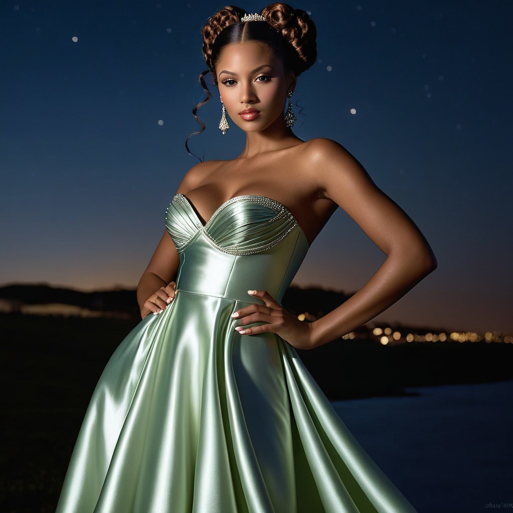 Model in Emerald-Green Gown Against Starry Twilight Sky