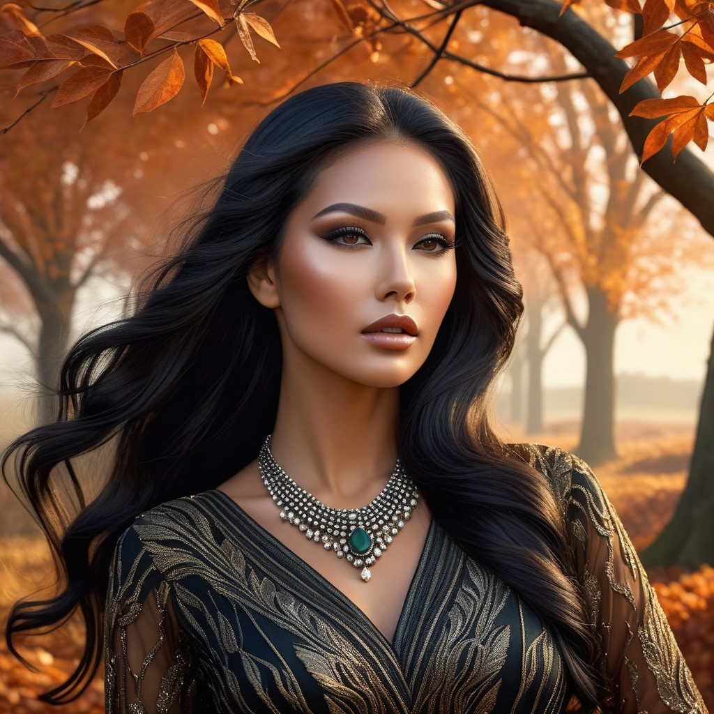 Woman in Dark Dress Amidst Autumn Foliage