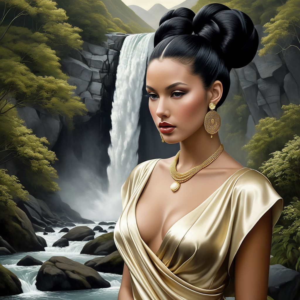 Woman in Golden Dress by Majestic Waterfall