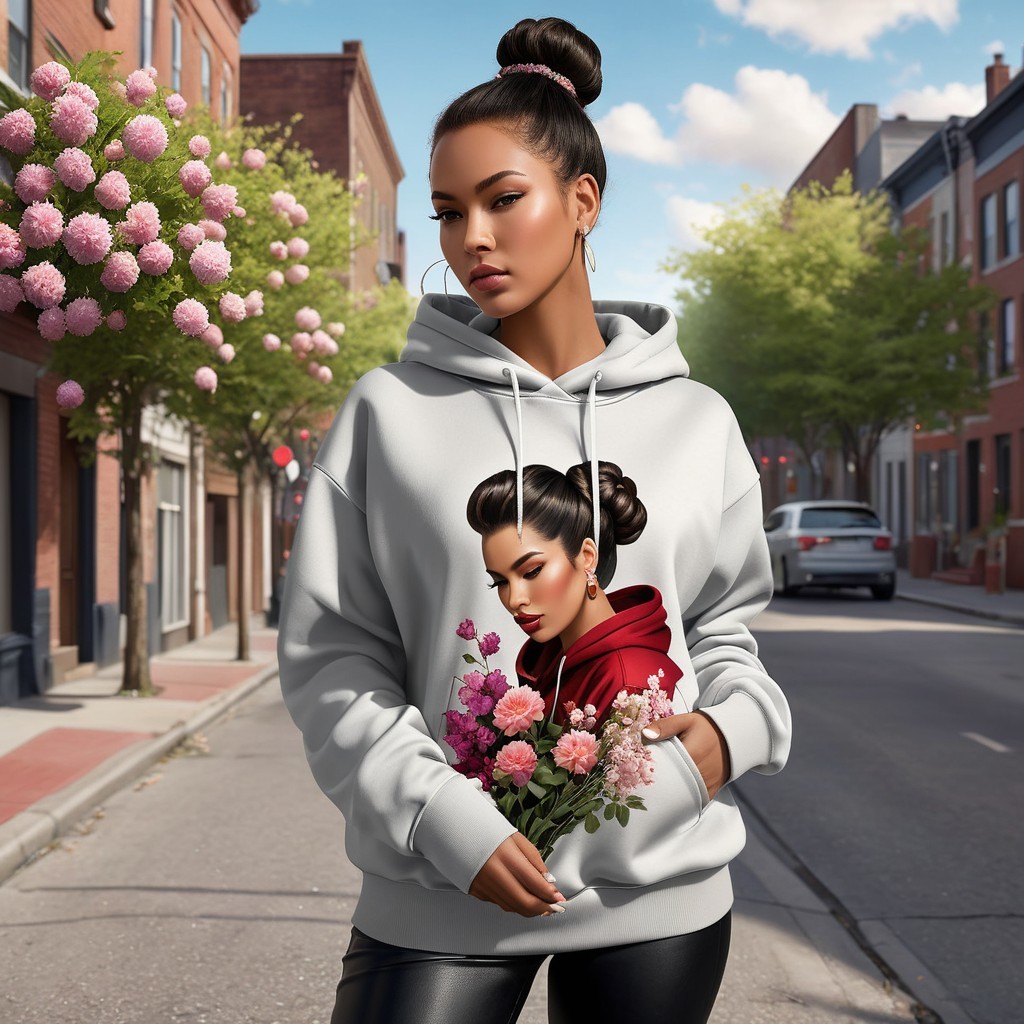 Stylish woman in gray hoodie on quaint street with flowers