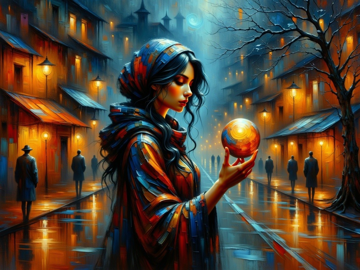 Woman with glowing orb in a rain-soaked street scene