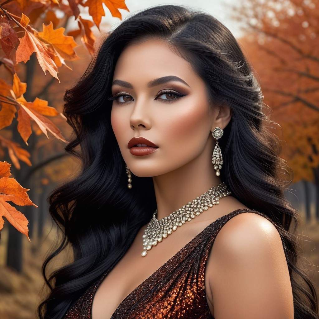 Elegant Woman in Glittering Gown Among Autumn Leaves