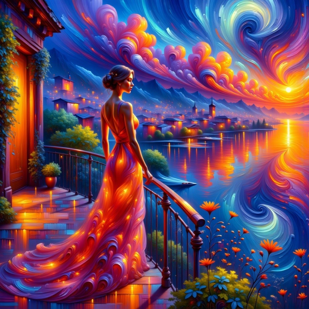 Vibrant Sunset Over Serene Lakeside with Woman in Red Dress