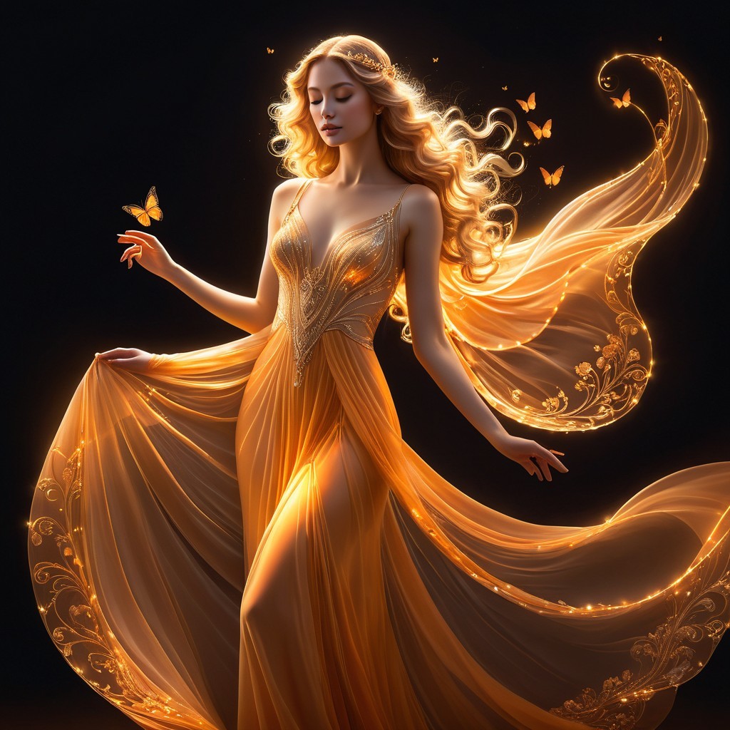 Golden Gown with Butterflies and Ethereal Glow