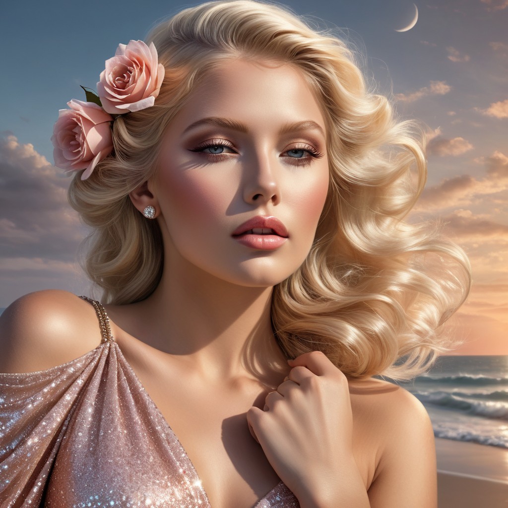 Young Woman in Pink Gown at Beach Sunset