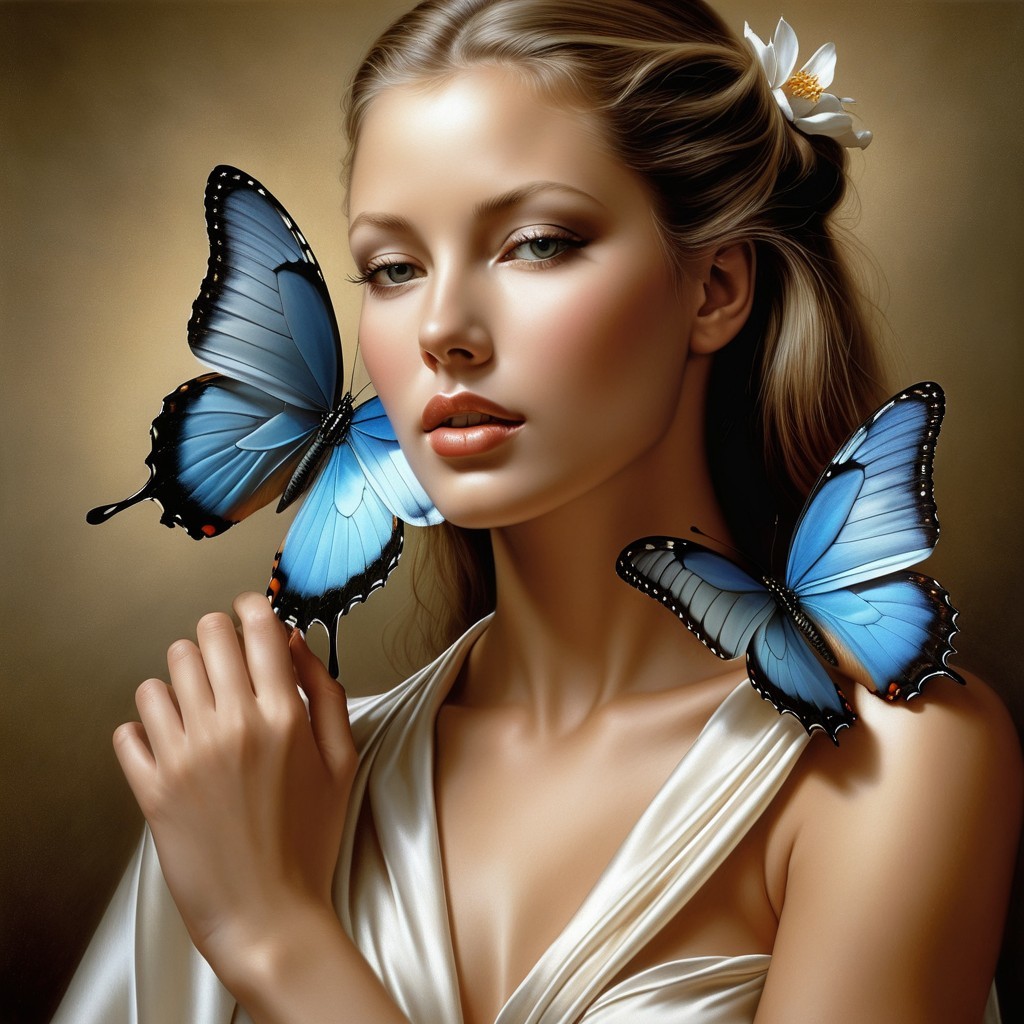 Serene Portrait of a Woman with Butterflies and Flowers