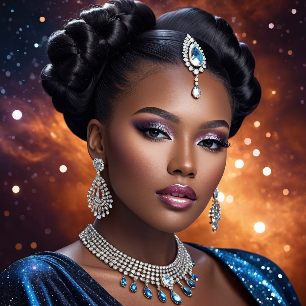 Elegant Portrait of Young Woman in Cosmic Setting