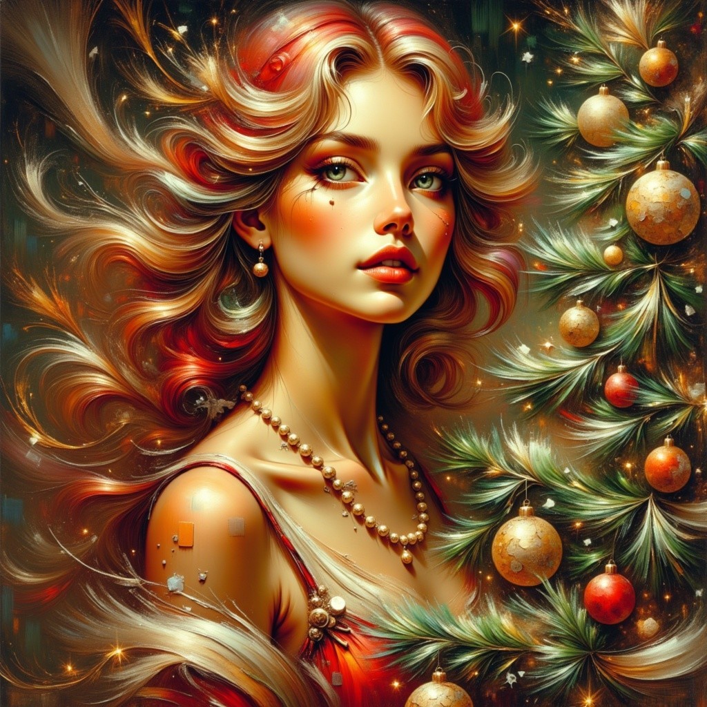 Young woman in red dress with festive background elements