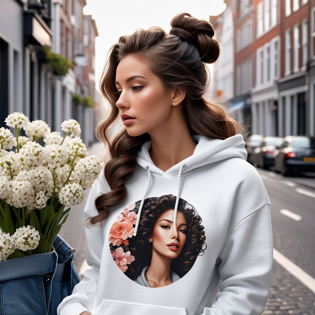 Young woman in stylish street with floral hoodie and bouquet