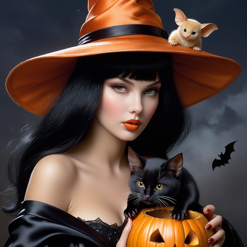 Mystical Woman in Halloween Scene with Cat and Bat