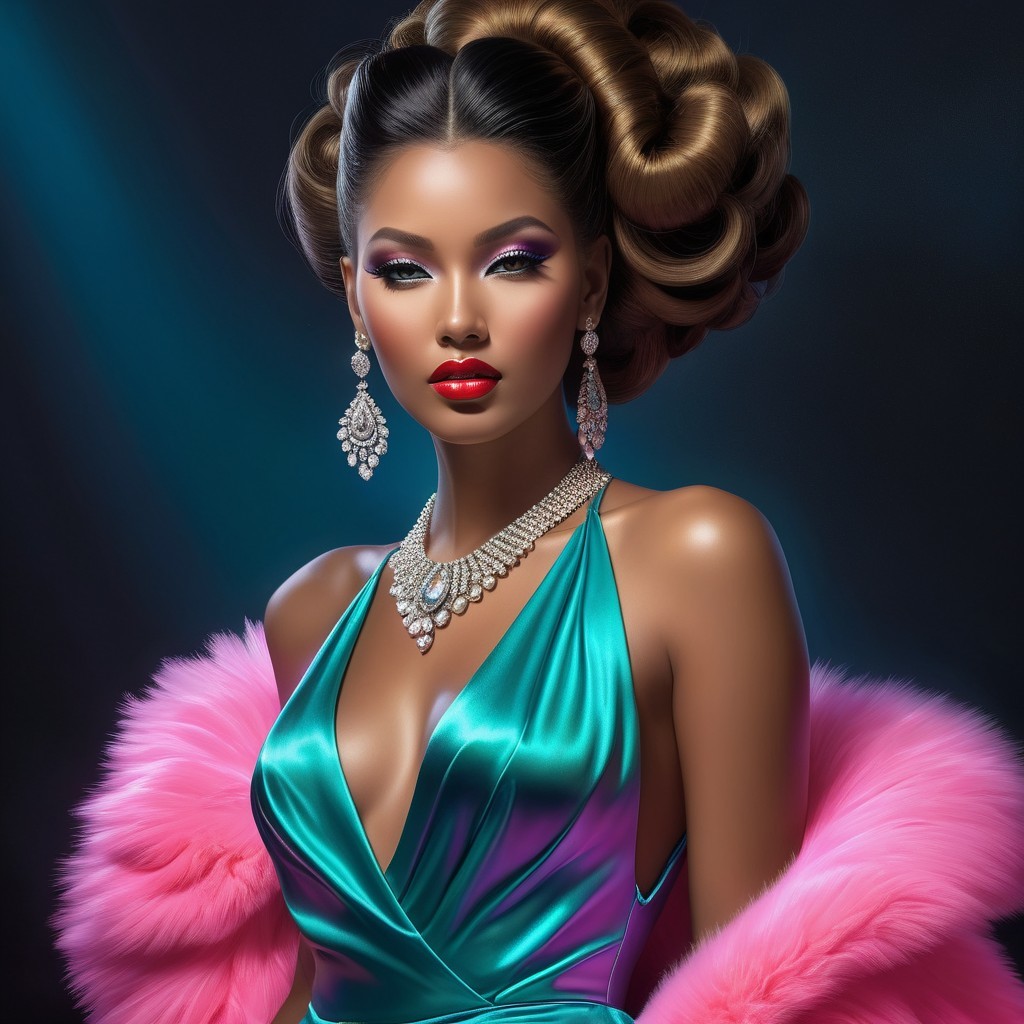 Glamorous Woman in Teal Dress with Elegant Accessories