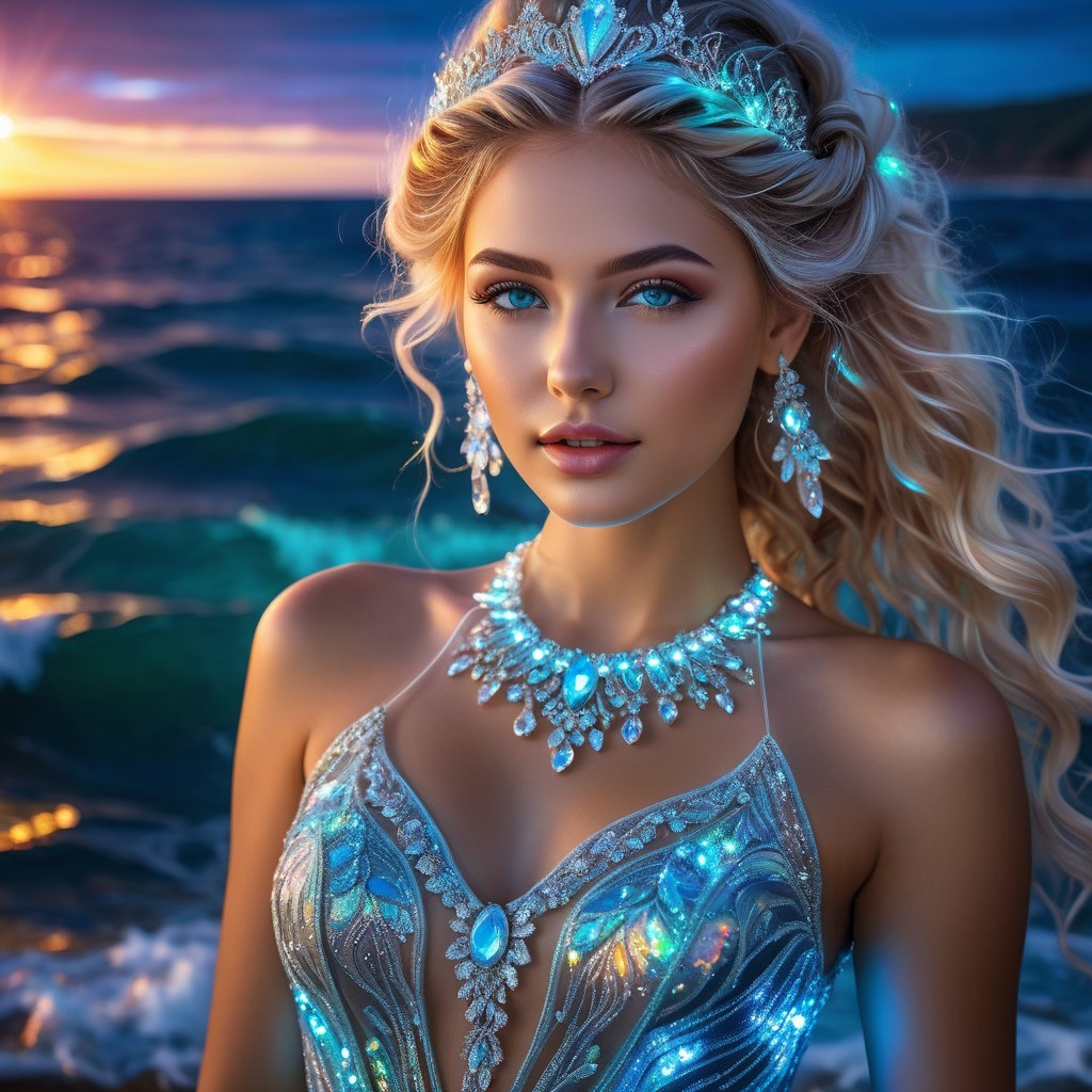 Elegant Woman in Ocean Sunset with Sparkling Gown