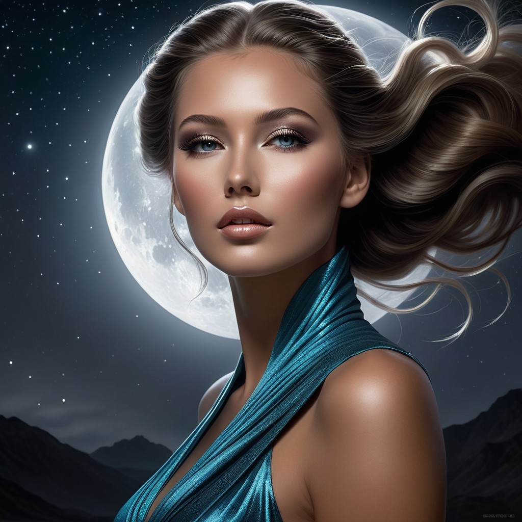 Portrait of a Woman in Moonlight with Starry Sky