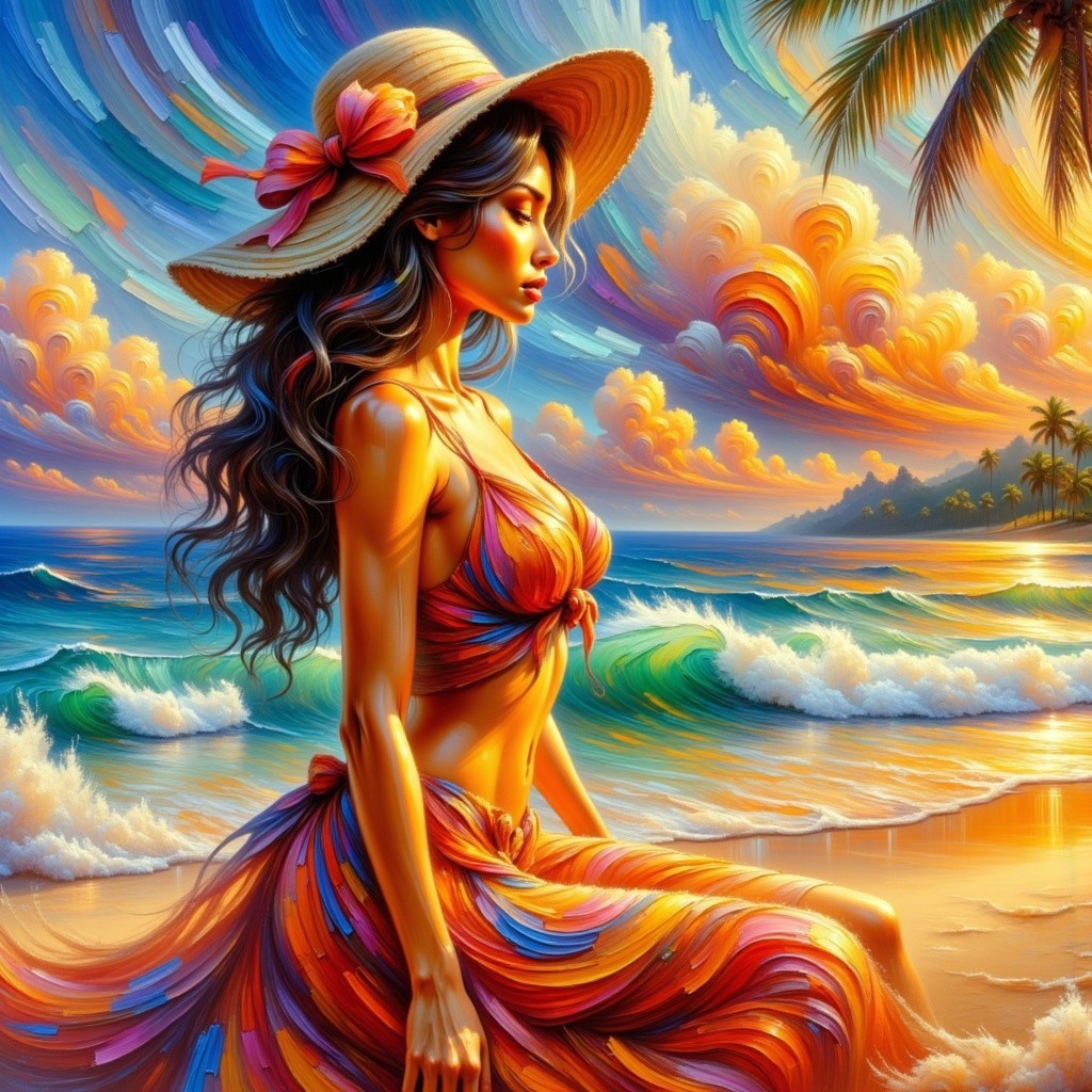 Vibrant Digital Painting of Woman on Colorful Beach