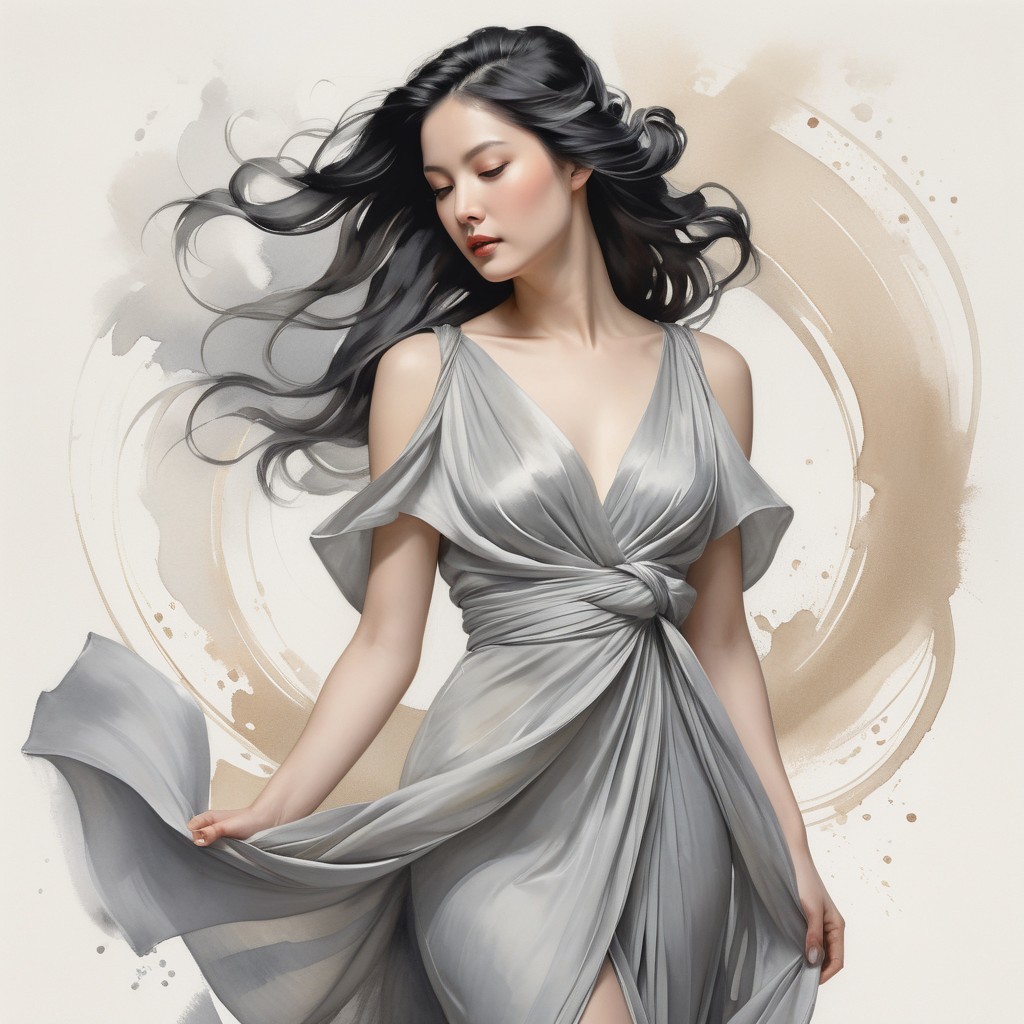 Elegant Woman in Flowing Light Gray Dress with Abstract Background