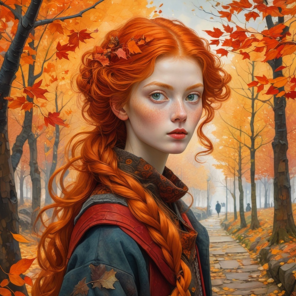 Autumn Landscape with Young Woman and Golden Leaves