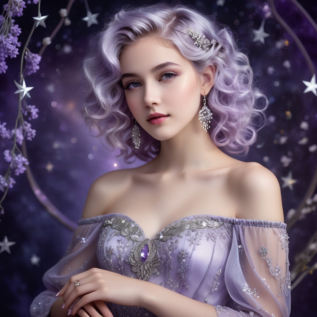 Young woman in lavender gown against cosmic backdrop