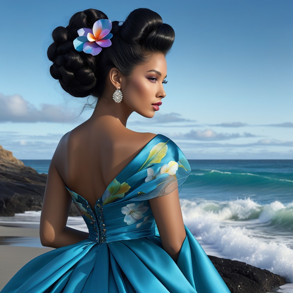 Woman in Blue Gown at Scenic Beach Setting
