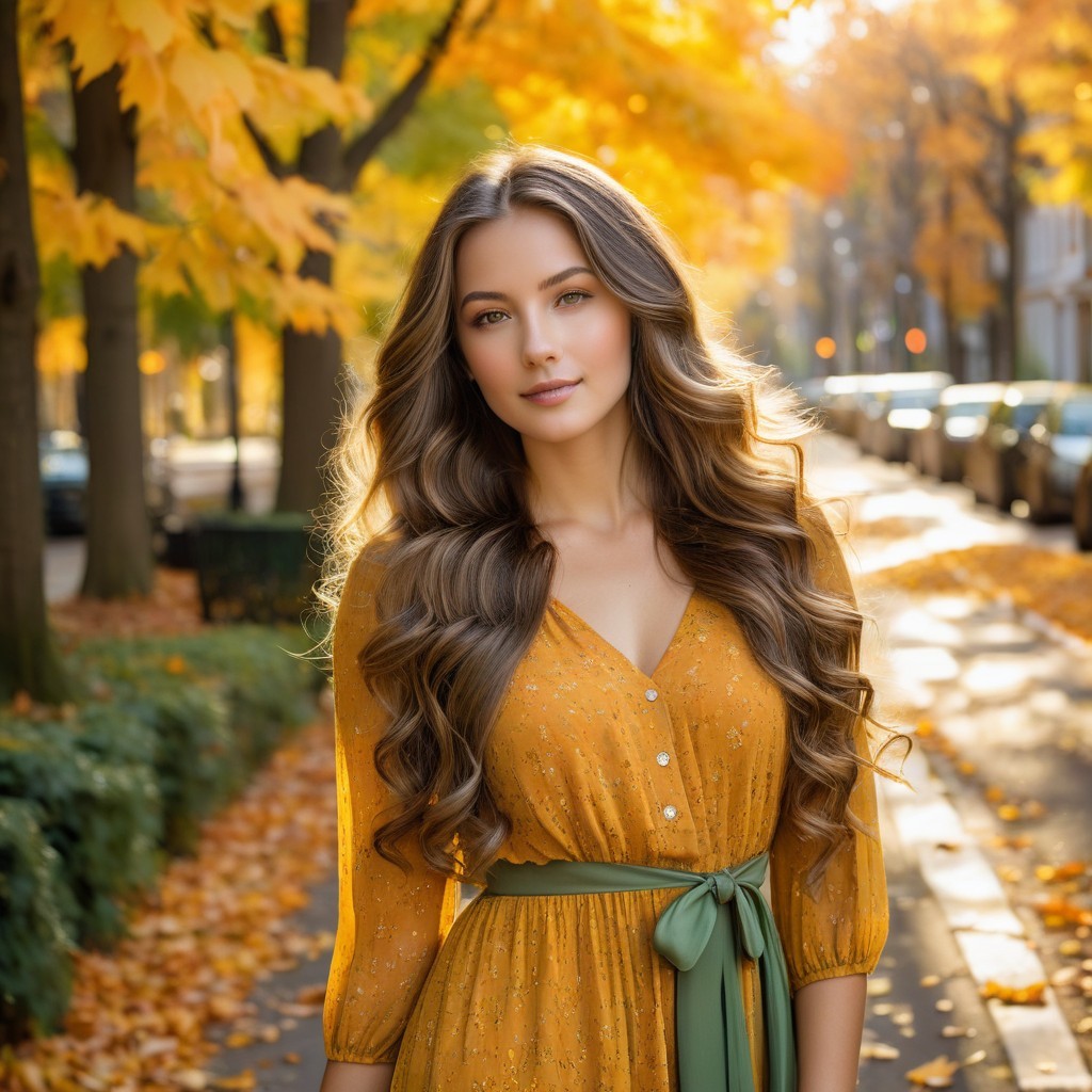 Young Woman in Mustard Dress on Tree-Lined Street