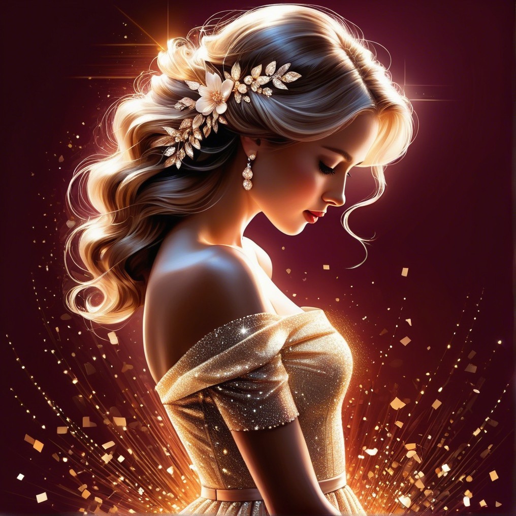 Elegant Woman in Golden Gown with Floral Accents