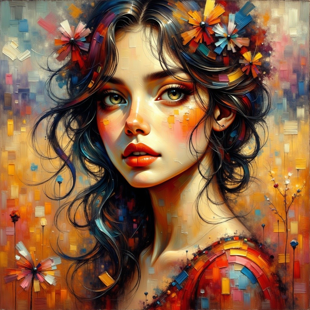 Portrait of a Young Woman with Flowers and Abstract Colors