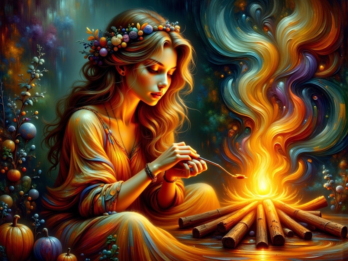 Young Woman by Campfire in Autumn Setting