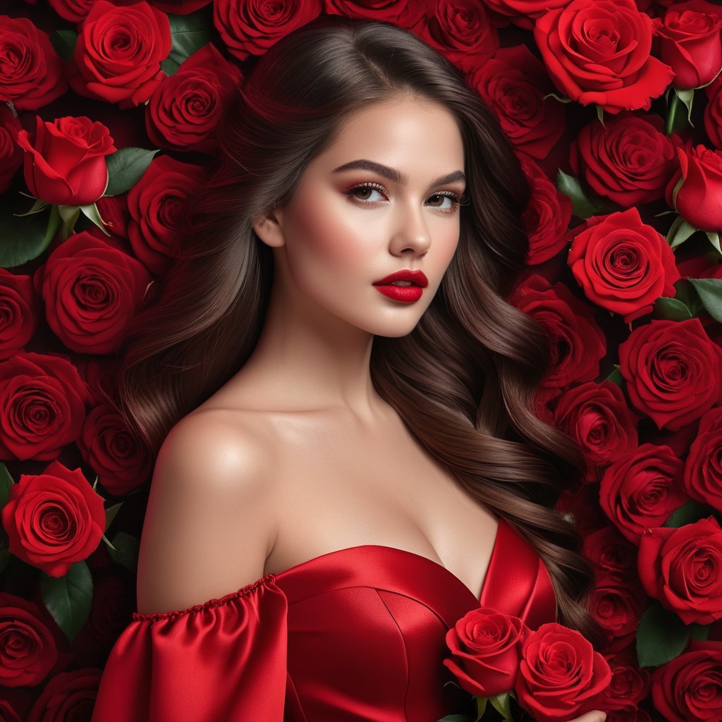 Young woman in red dress poses with roses backdrop