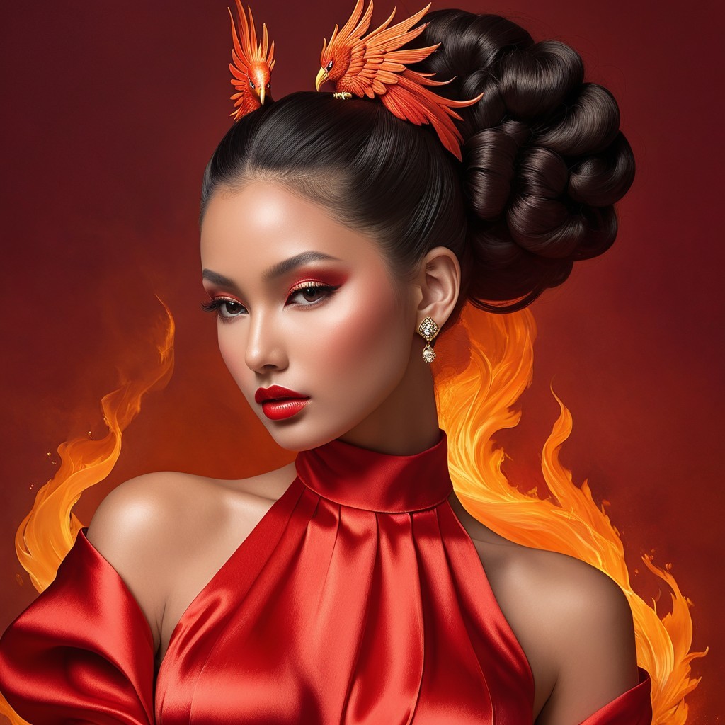 Portrait of a woman with phoenixes and red dress