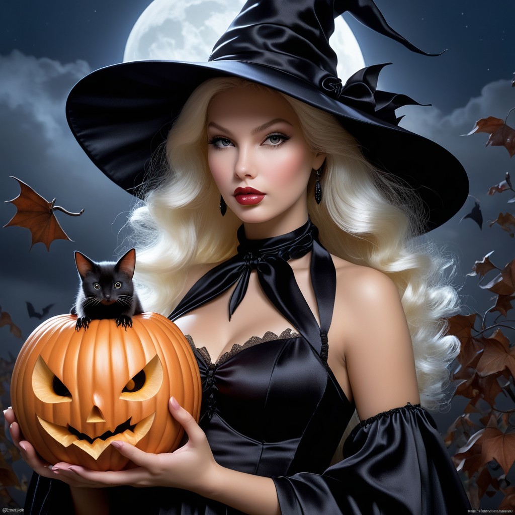 Glamorous Witch with Pumpkin and Black Cat Under Moon
