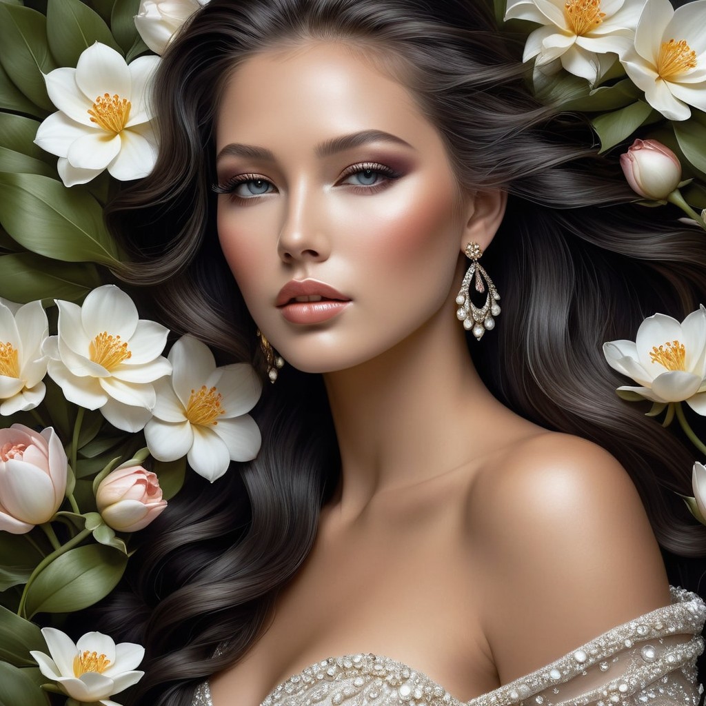 Close-Up of Young Woman with Flowers and Earrings