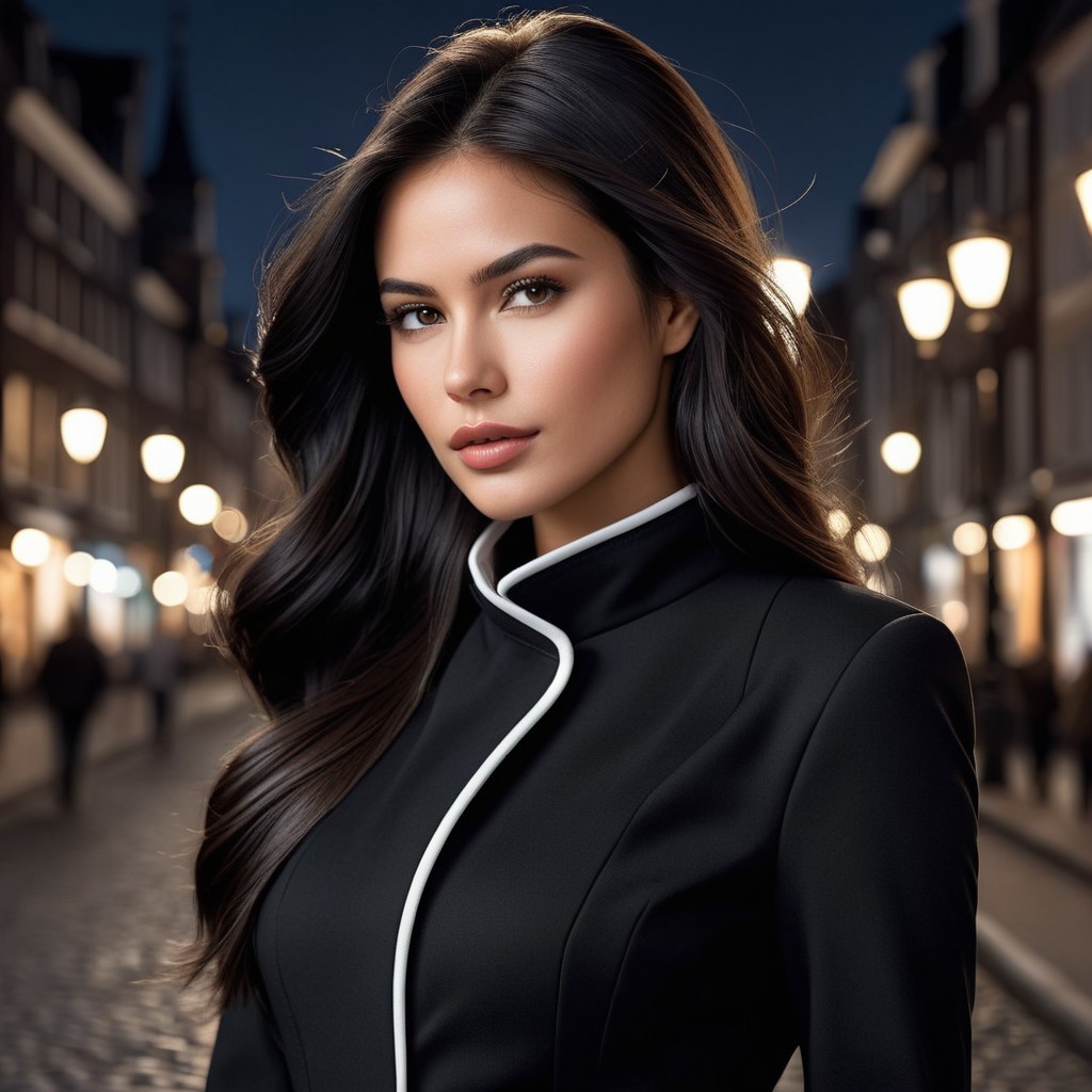 Elegant Woman in Black Outfit on City Street