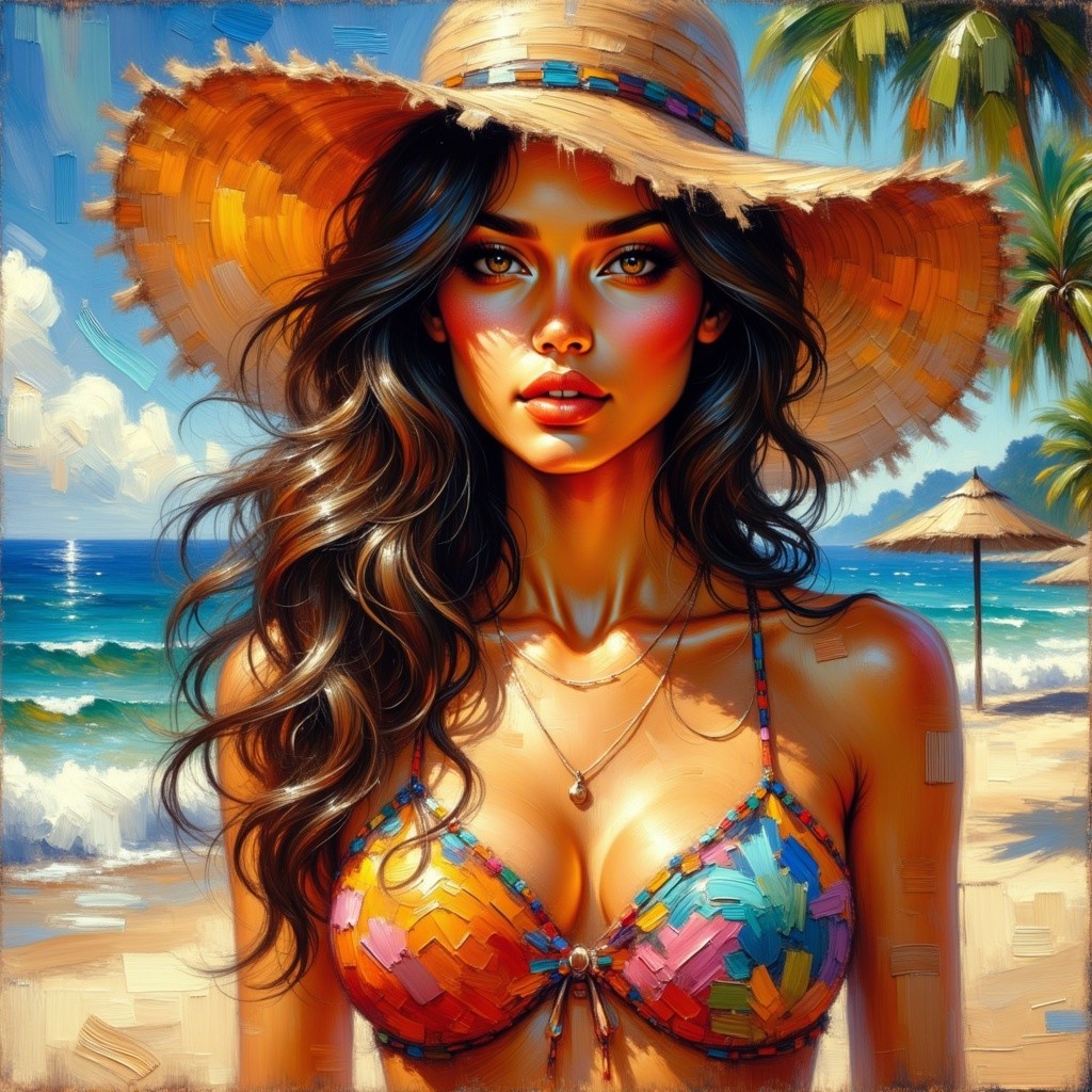 Oil Painting of Young Woman on Beach with Palm Trees