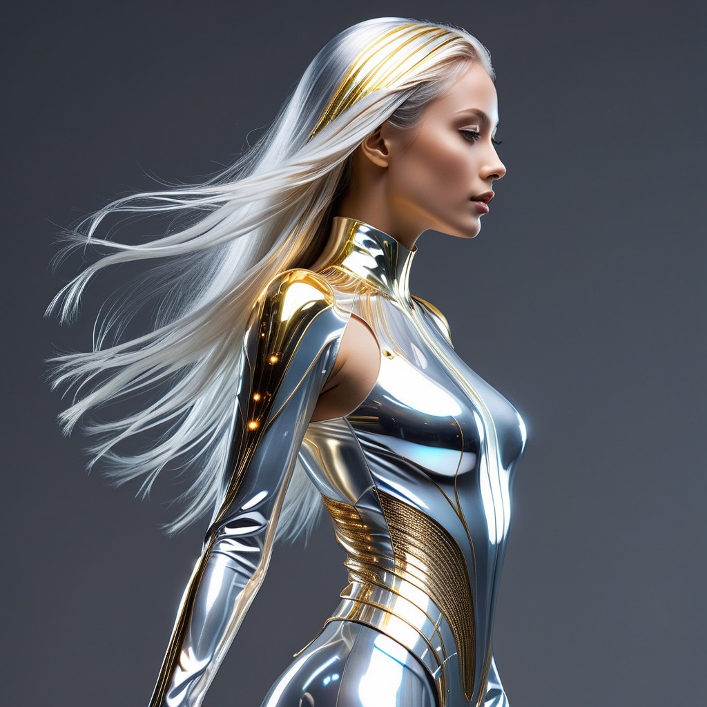 Futuristic Female Figure in Metallic Suit and Platinum Hair