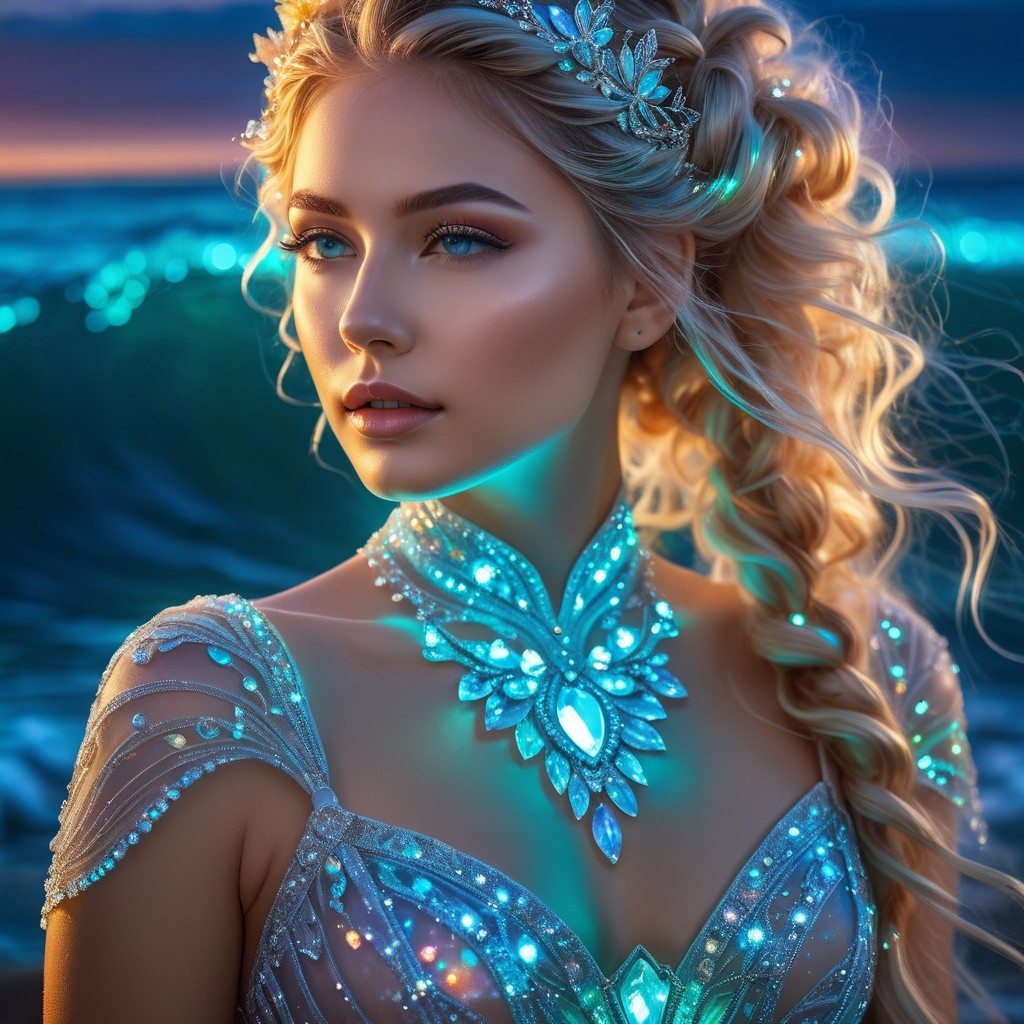 Young woman in gown with ocean backdrop and glow