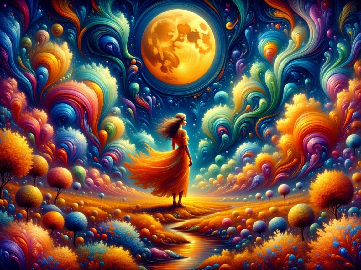 Vibrant Landscape with Woman and Glowing Moon