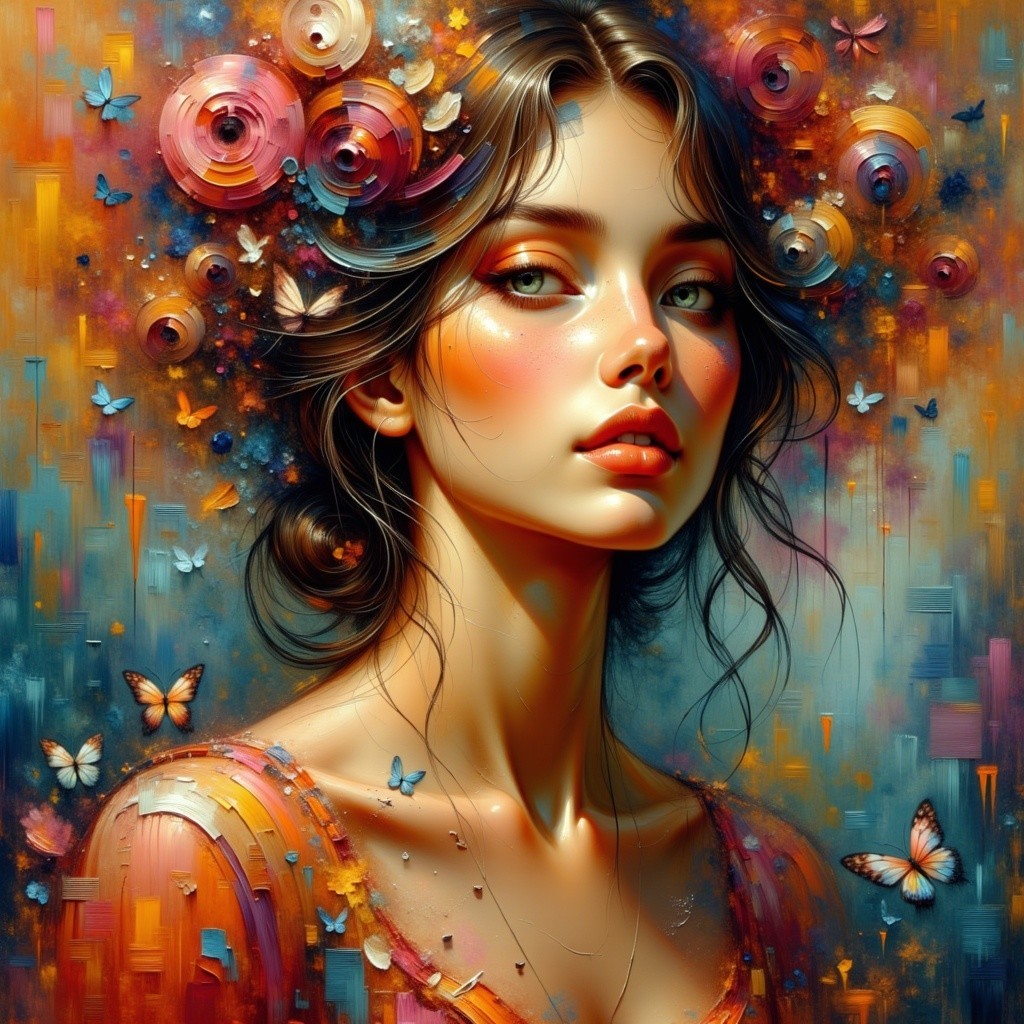 Portrait of a Young Woman Surrounded by Butterflies