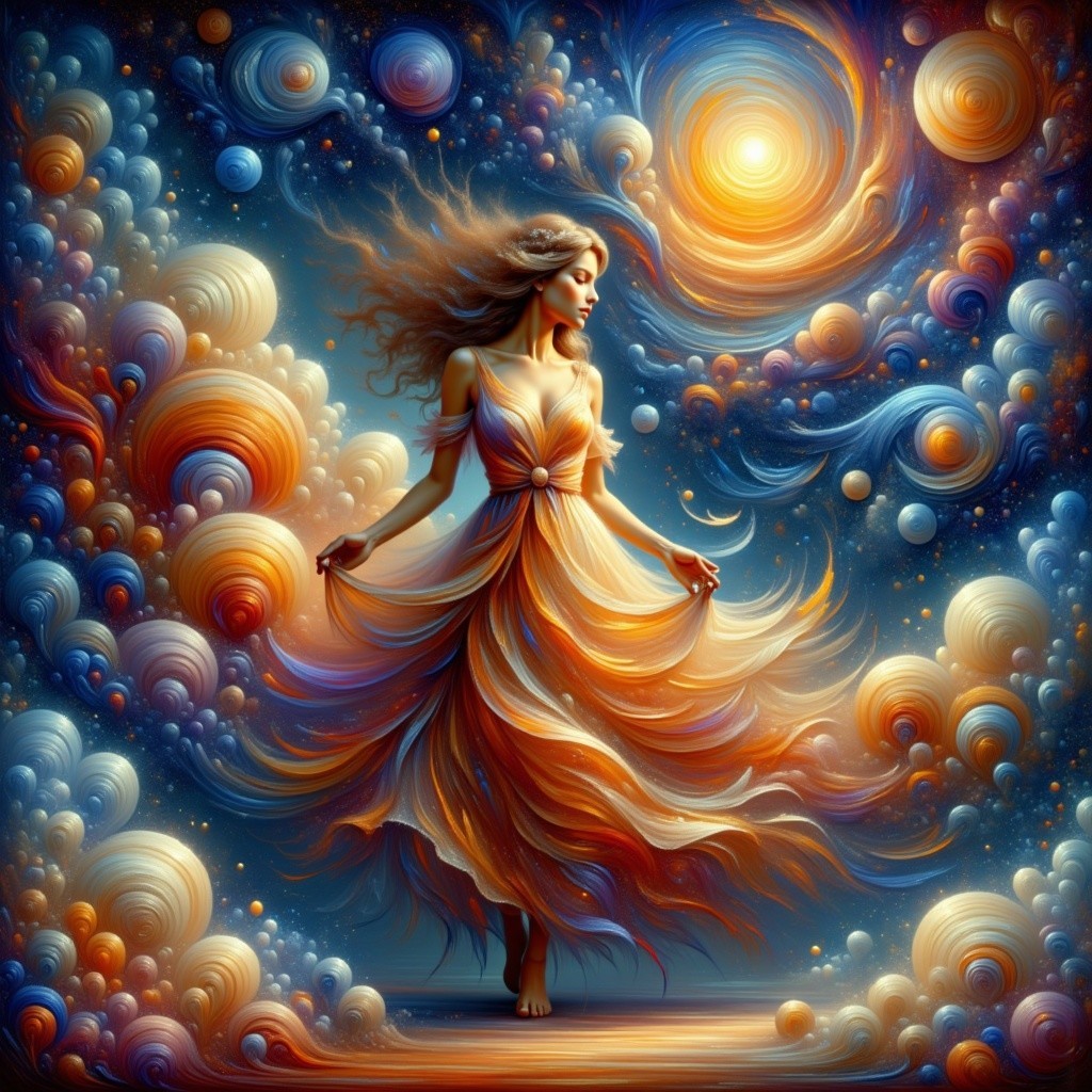 Whimsical Woman in Vibrant Dress Among Cosmic Colors