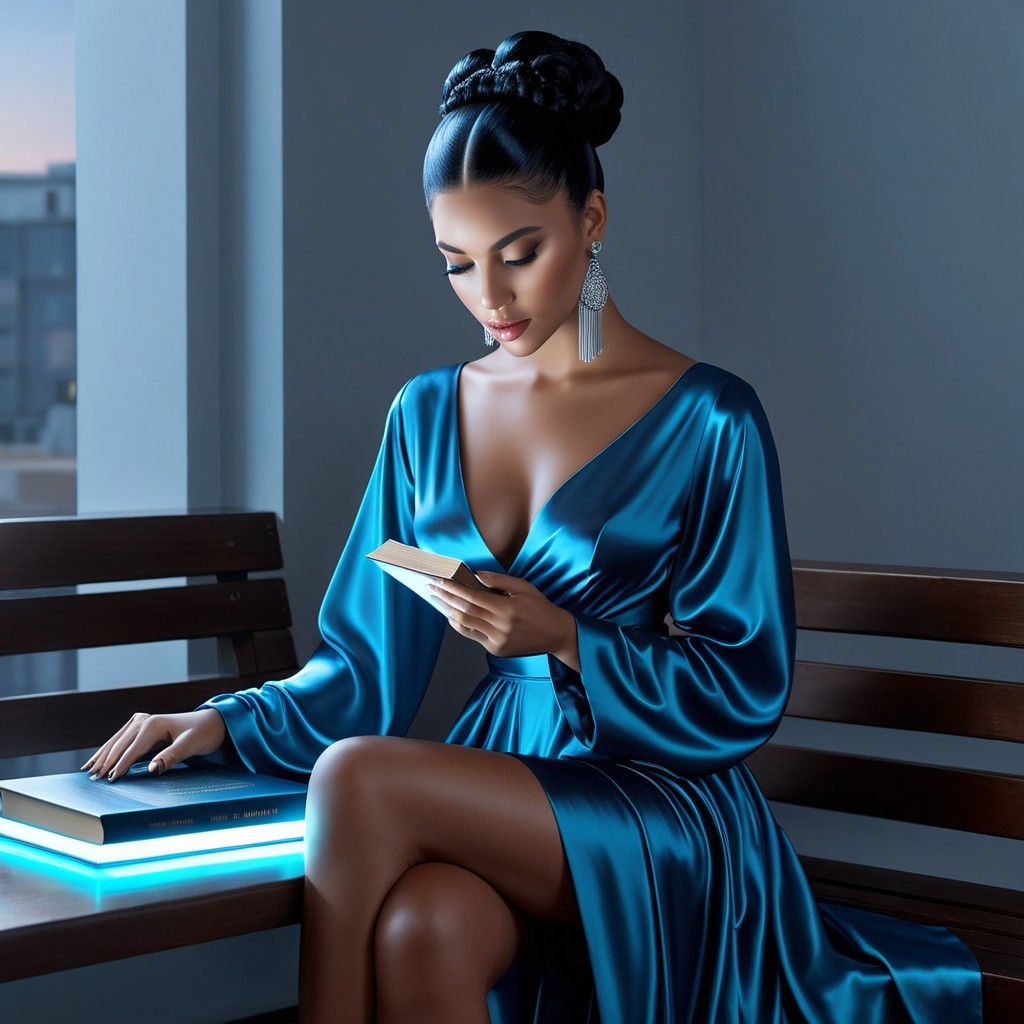 Elegant Woman in Deep Blue Gown by Window Reading
