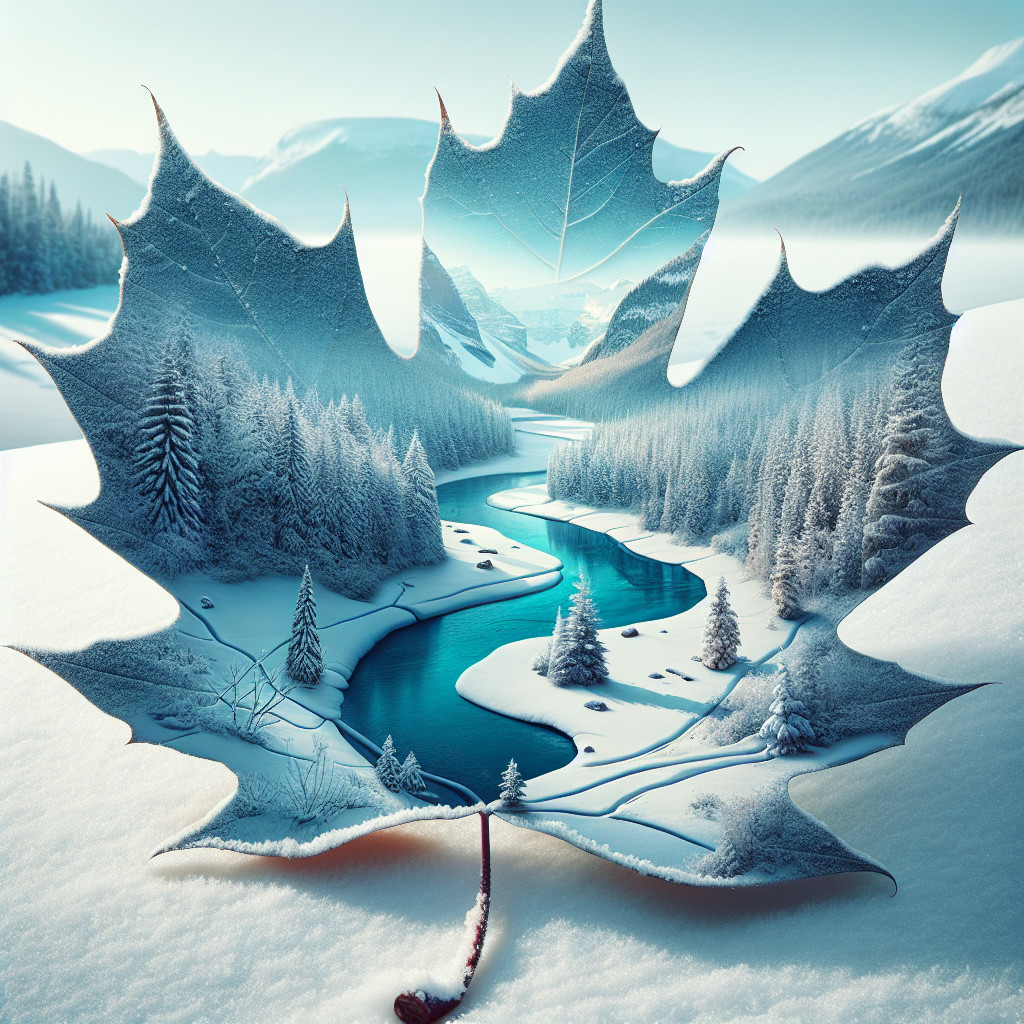 Winter Landscape Framed by Intricate Maple Leaf Design
