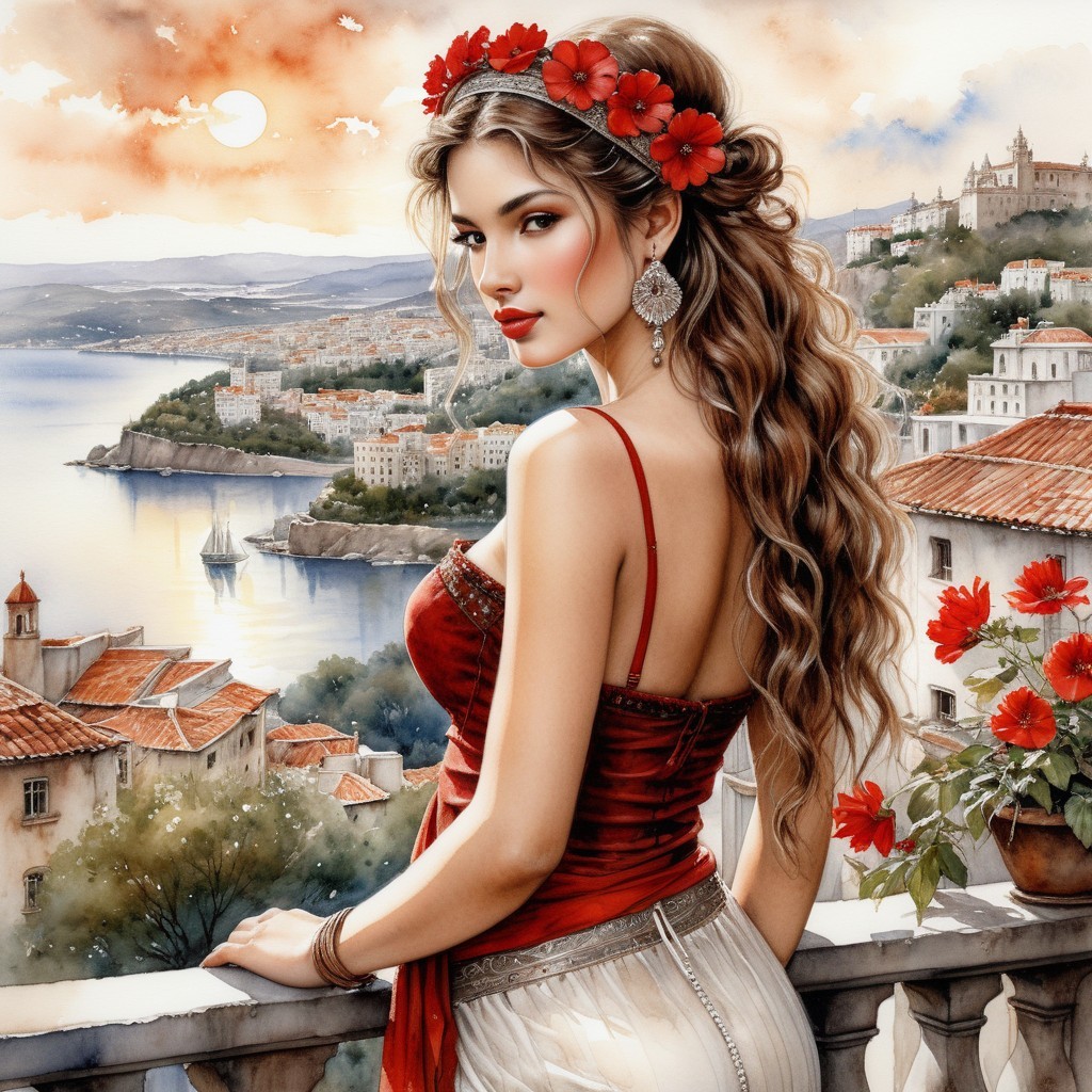 Woman in red dress on balcony overlooking coastal town