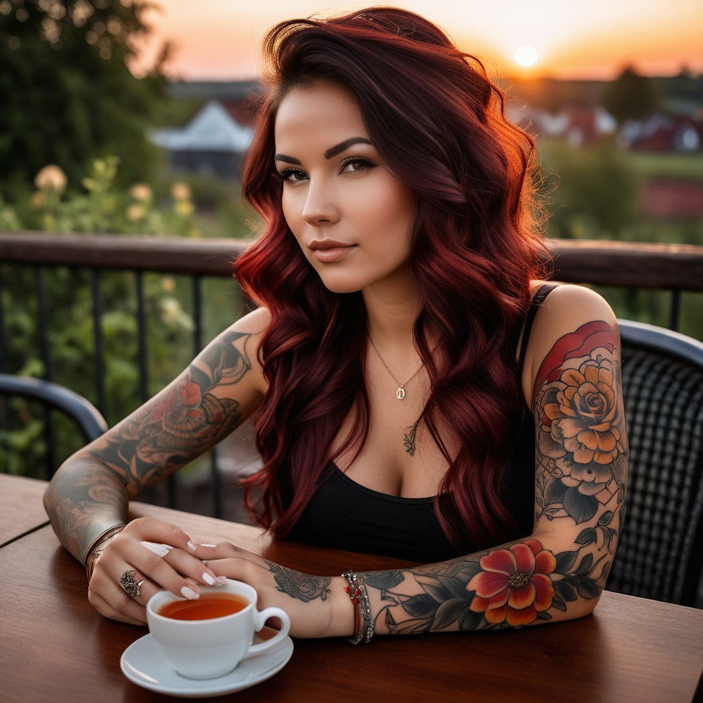 Woman with Red Hair and Colorful Tattoos at Sunset