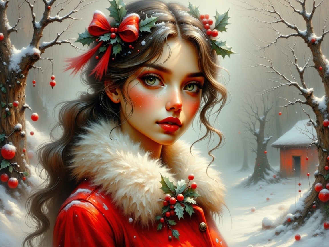 Christmas-Themed Digital Painting of a Young Woman