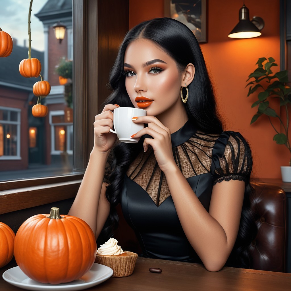 Elegant Woman in Cozy Café with Autumn Decor
